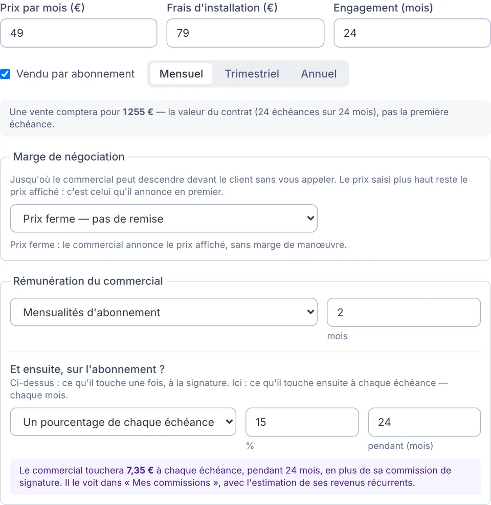 La fiche d'un produit par abonnement dans Winapilot : prix par mois, périodicité mensuelle, trimestrielle ou annuelle, engagement, commission à la signature puis pourcentage de chaque échéance pendant 24 mois
