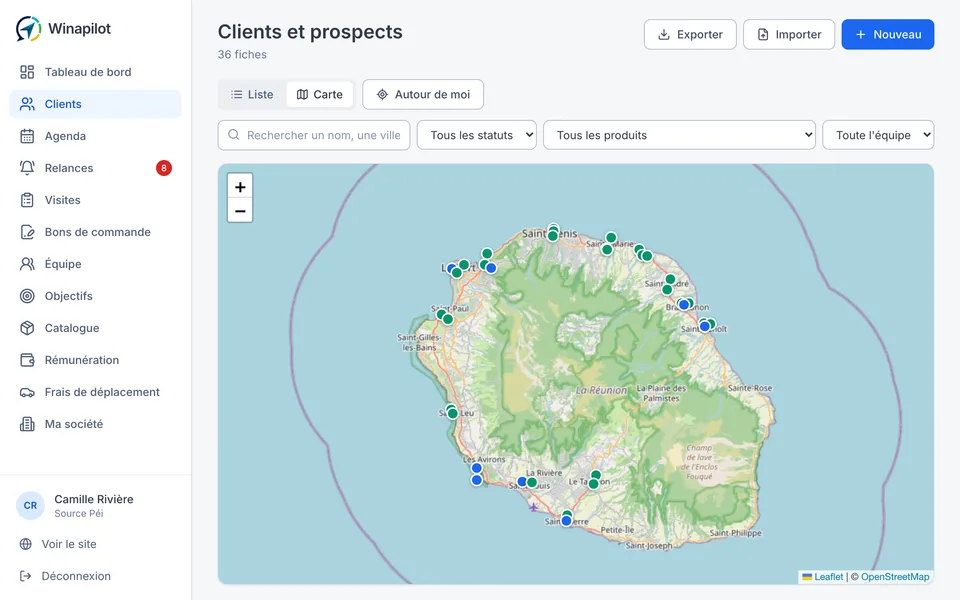 Tous les clients et prospects de l'équipe sur la carte, dans Winapilot