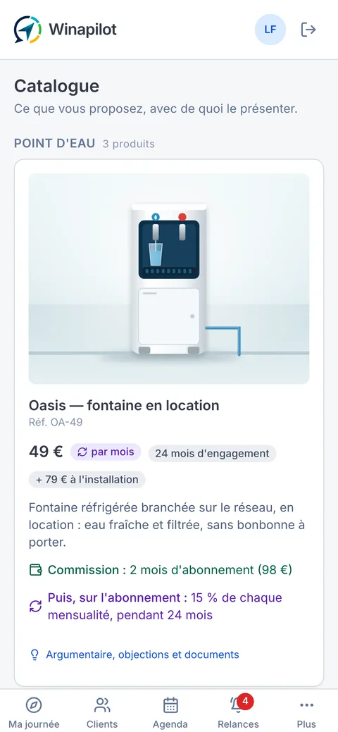 Le catalogue produits sur téléphone, avec prix et marge de négociation