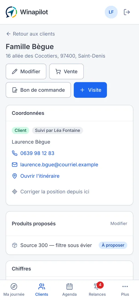 La fiche d'un client sur téléphone, avec appel et itinéraire