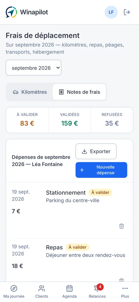 Les notes de frais d'une commerciale sur son téléphone : montants à valider, validés et refusés, et le bouton pour ajouter une dépense