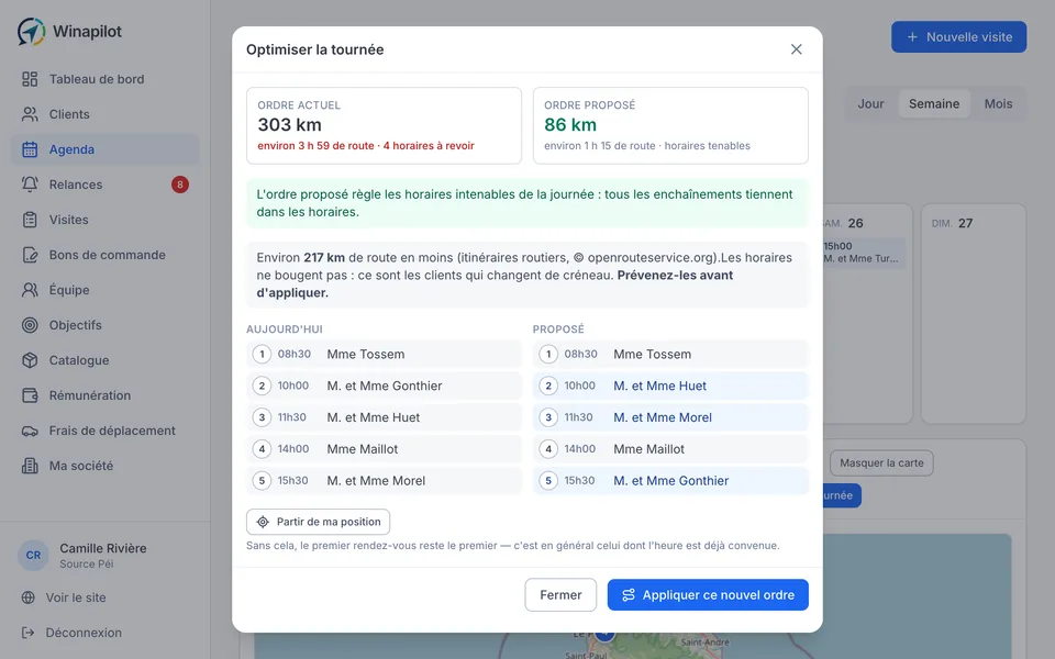 L'optimisation d'une tournée commerciale : 263 km et trois horaires intenables avant, 89 km et des horaires tenables après