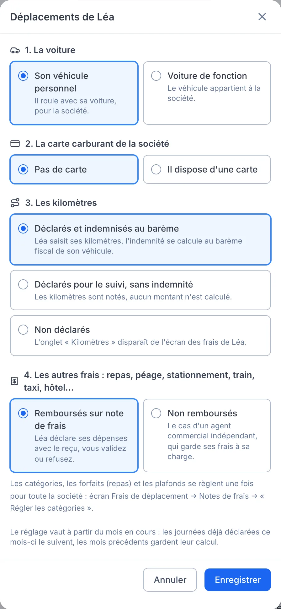 La fenêtre « Déplacements » d'un commercial dans Winapilot : voiture personnelle ou de fonction, carte carburant, kilomètres indemnisés ou suivis, autres frais remboursés ou non