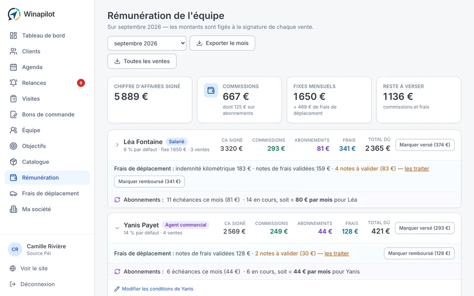 Le calcul des commissions des commerciaux, vente par vente, avec le reste à verser